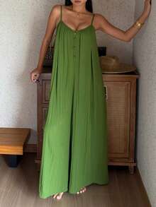 Livesso Women's Solid Color Pleated Summer Casual Camisole Jumpsuit Loungewear Pajamas - Green - View 5