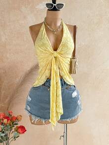 Soleia Tank Top Wanita Kasual untuk Liburan Musim Panas dengan Model Halter dan Punggung Terbuka - Kuning - View 4