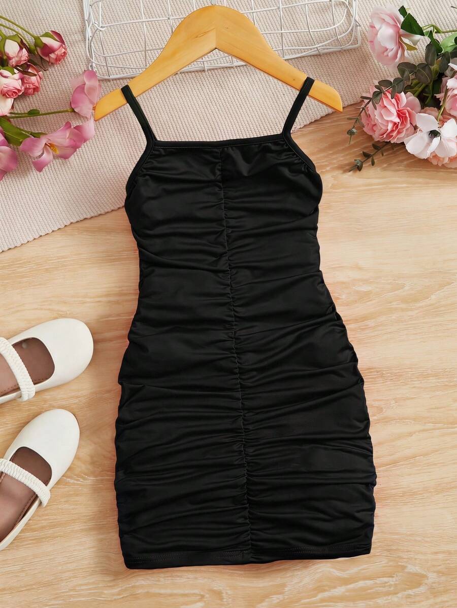 SHEIN Young Girl Solid Color Summer Sundress With Ruffled Straps - Black - View 1