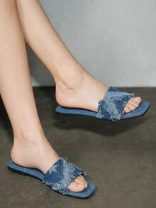 Bholvia 2024 New Arrival Women's Retro Blue Flat Five-Pointed Star Sandals Slippers, Square Toe, Plus Size, Summer - Blue - View 2