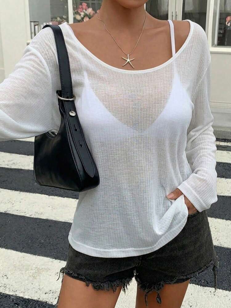 Women's Loose Fit Deep V-Neck Long Sleeve Sheer Casual Top, Urban Street Style T-Shirt For Summer