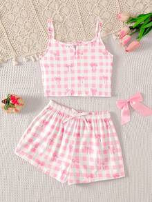 SHEIN Tween Girl 粉色格紋蝴蝶結印花裝飾白色鈕扣休閒時尚修身睡衣套裝 - 粉色 - 查看 7