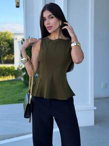 Yohana Edit Women's Elegant Sleeveless Blouse For Commuting, Minimalist Design Summer - Army Green - View 5