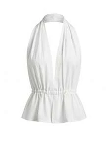 Maija Women's Vacation Ruffle Hem Deep V Halter Neck Cover-Up Top - White - View 6