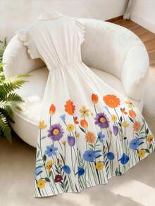 GlowEve Floral Print Pearl Button Collar A-Line Flare Sleeve Elegant Sweet Dress, Apricot Color - Multicolor - View 2