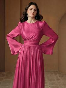 Anewsta Vestido de manga larga para mujer, elegante y versátil para ir al trabajo, primavera/otoño - Rosa Fucsia - Ver 6