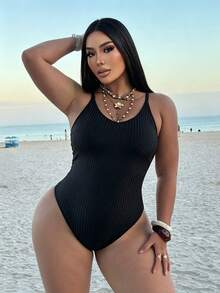 Swim SXY Plus Size Women's Fashionable One-Piece Swimsuit, Round Neck Ribbed Fabric, Hollow Back Ring Design, Sexy Beach Holiday Swimwear - Black - View 4