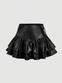 SHEIN MOD 侧边系带荷叶边PU裙 - 黑色 - 查看 6