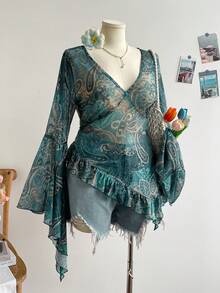 Soleia Blusa para mujer talla grande con estampado, escote en V profundo, mangas acampanadas y bajo con volantes - Multicolor - Ver 6
