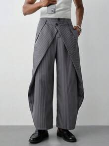HUEFORM Daily Streetwear, Campus Outfits, Summer Vacations & Casual Hangouts Young Casual Yarn-Dyed Pinstripe Double Waistband Pants, Drapey Breathable Woven Fabric, Relaxed Oversized Fit, Dark Grey With White Pinstripes Men's Casual Trousers, Perfect For Young Casual Vacation Style & Student Looks, Ideal Gift For Boyfriend, Suitable For Spring & Summer. Wide Leg - Dark Grey - View 8