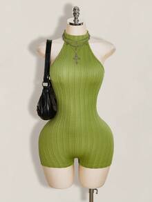 SHEIN ICON 女士黑色露背吊带紧身高领休闲连体裤 - 軍綠色 - 查看 2