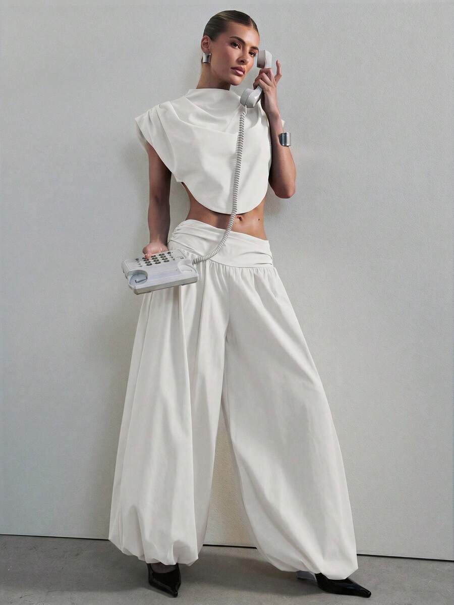 Hauture Women's Low Rise Shirred Waist Pull On Balloon Pant Sexy Office Wear - White - View 1