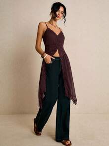 Poéselle Elegant Solid Color Lace Patchwork Camisole Top, Summer - Coffee Brown - View 5