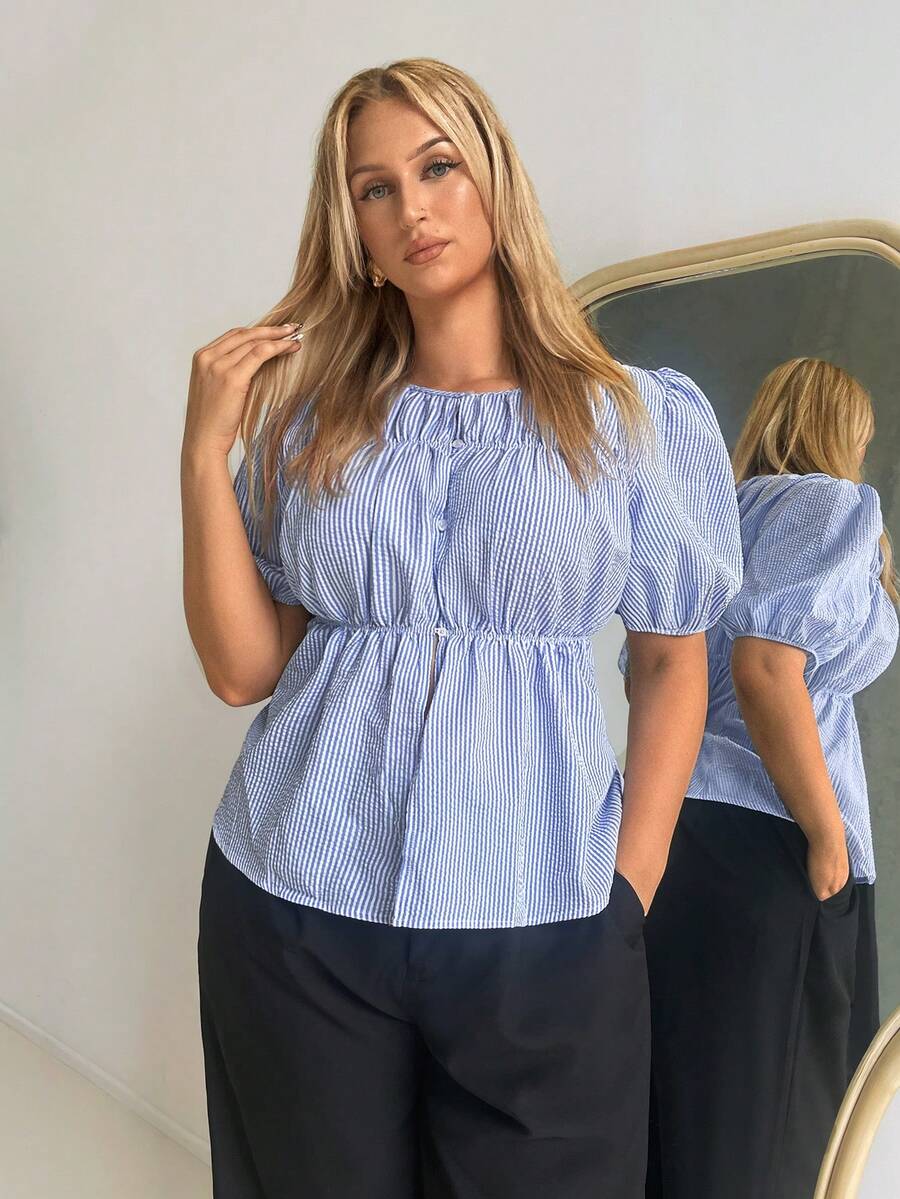 Auralis Top Casual de Verão Listrada Plus Size para Mulheres - Azul - Visão 1