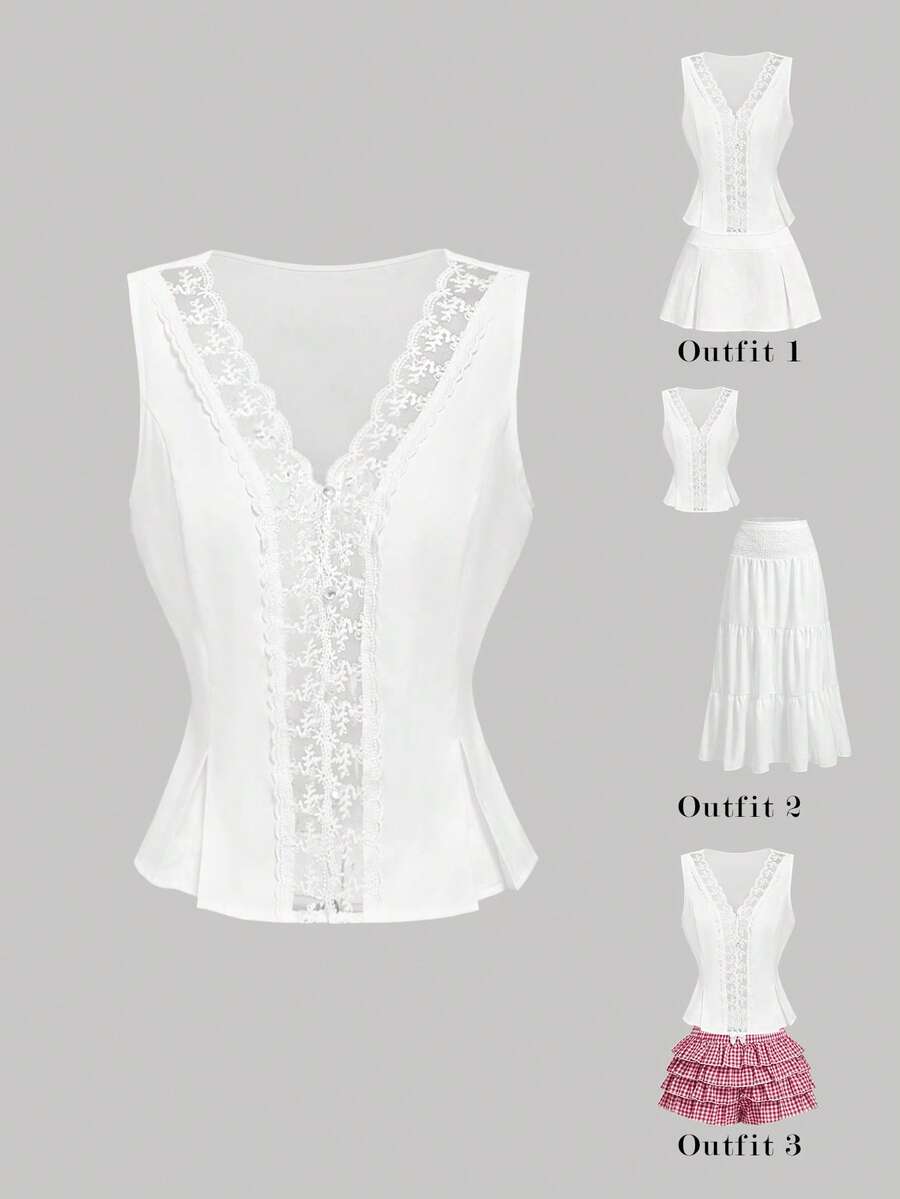 SHEIN MOD Lace Trim Camisole Top For Women Tea Party Brunch Vacation White Summer Elegant Romantic - White - View 1