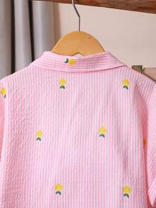 2pcs Girls Striped Textured Fabric Short Sleeve Shirt And Casual Pants Set - Pink - View 6