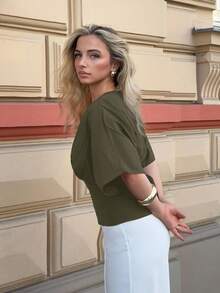 Jeta Ari Elegant Solid Color Short Sleeve Blouse, Minimalist Loose Fit, Bowknot Tie Back Design, Versatile For Office & Commute, Green Summer - Army Green - View 5