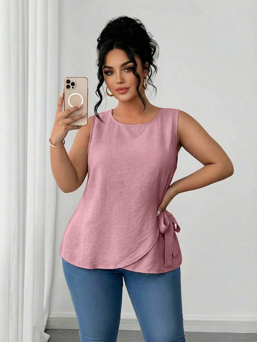 SHEIN LUNE 大尺碼女款素色休閒無袖側綁帶上衣 - 粉色 - 查看 1
