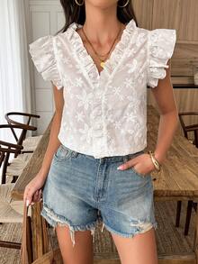 EMERY ROSE Chemise droite à col avec manches à volants brodées en coton blanc, Top décontracté en lin pastoral pour les vacances au printemps et en été - Blanc - Voir 6