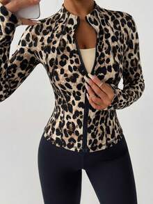 DAZY Spring/Summer Outdoor Brown Leopard Print Mock Neck Slim Fit Sports Jacket - Brown - View 4