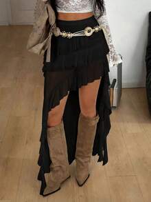 Coolane Women's Summer Concert Streetwear Vacation Boho Y2K Country Concert Gyaru Lace Asymmetrical Ruffle Fringe White Low Rise Long Skirts - Black - View 3