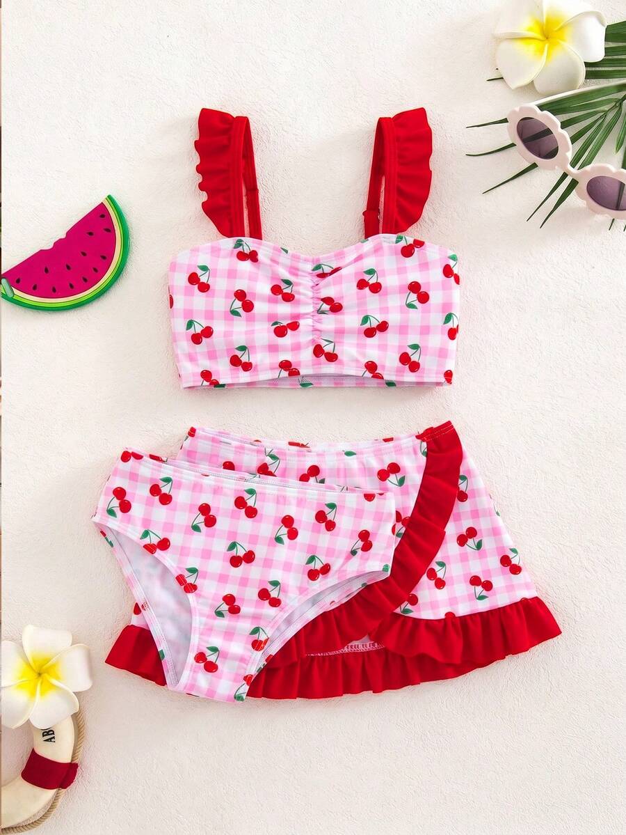 SHEIN 3pcs Young Girl Cherry Print Knit Bikini Set - Multicolor - View 1