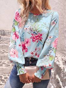EMERY ROSE Women's Floral Print Fashion Flare Cuff Blouse For Vacation Light Blue Floral Autumn Boho - Multicolor - View 3