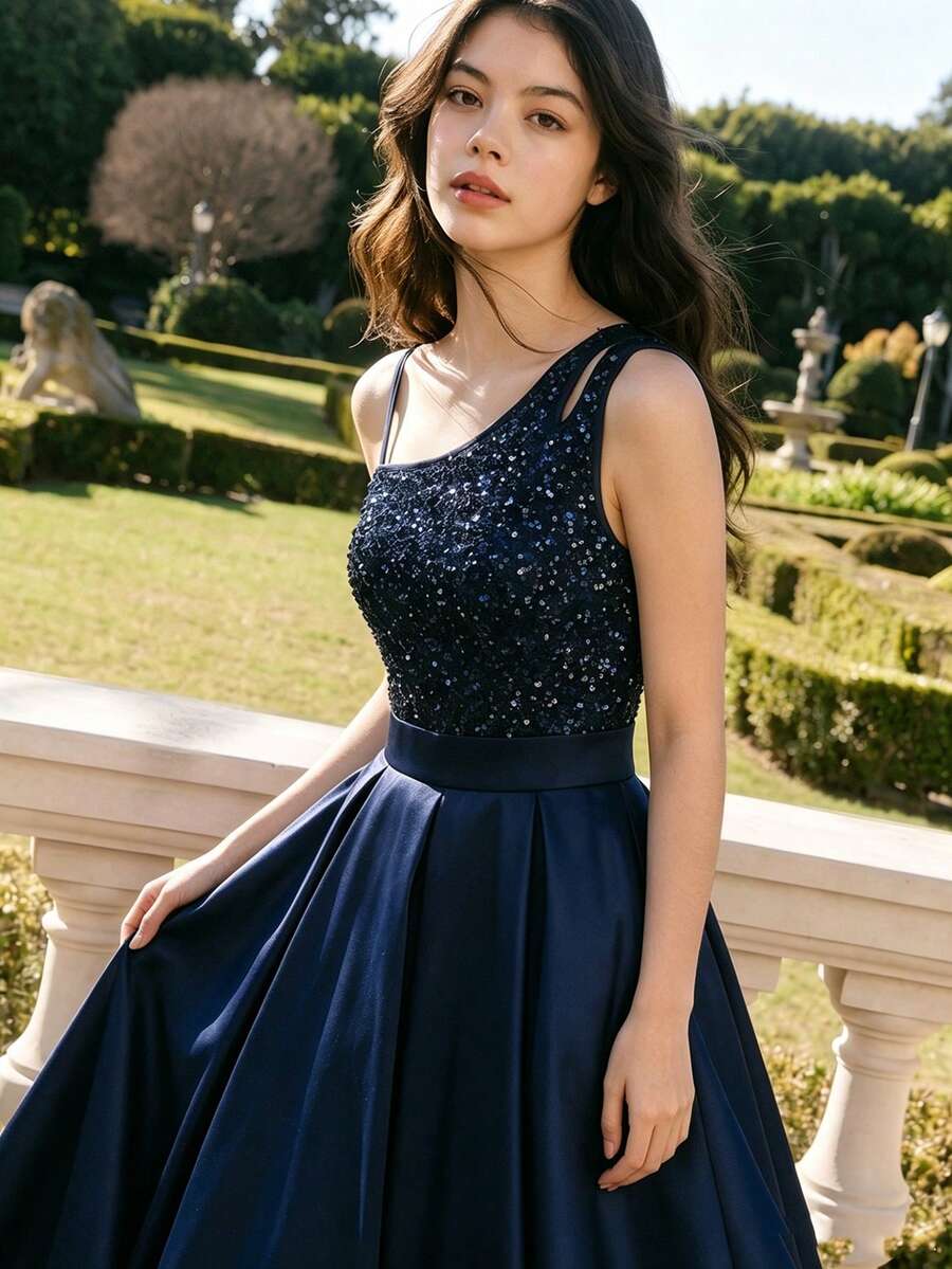 SHEIN Navy Blue Sleeveless Waist Splice Elegant Midi Dress For Teens Sixth Form,Graduation,Party - Navy Blue - View 1