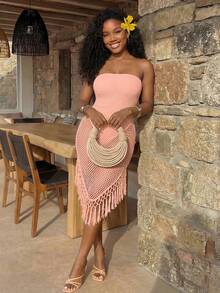 BamGleam Women's Vacation Mesh Patchwork Sheer Asymmetrical Tassel Hem Strapless Dress Beach Vacation Peach Summer Tropical - Pink - View 5