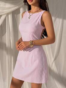 SHEIN EZwear 女款夏季性感度假風拼接條紋印花無袖露背打結迷你洋裝 - 藕粉色 - 查看 5