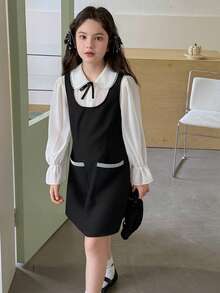Dazy Kids Tween Girls' Loose Waist Peter Pan Collar Princess 2 In 1 Dress, Plus Size - Black - View 3