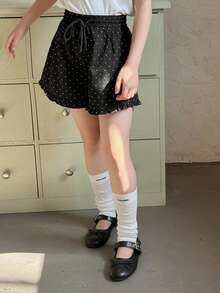 DAZY 寬鬆彈性腰圓點短褲，青少年女孩夏季款 - 黑色 - 查看 6