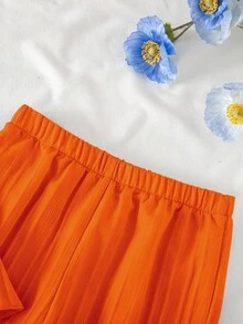 SHEIN Elladie kids 少女纯色褶皱吊带背心和裤子休闲日常穿搭 - 橘色 - 查看 5