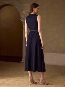 MOTF PREMIUM ELEGANT COMMUTER V-NECK SLIM WAIST DRESS WITH HEAVY EMBROIDERY, PEARL & RHINESTONE DECOR, HOLLOW-OUT, NAVY BLUE, SLEEVELESS, SUITABLE FOR AUTUMN/WINTER - Navy Blue - View 3