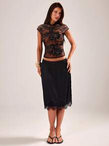 SHEIN BAE Sexy elegantes transparentes schwarzes Top mit Drachenmuster, Perlenstickerei, chinesischem Stil und Spitzen-Patchwork, Damen-Totem-Stickerei für Nachtausgang, Date Night, Sommer - Schwarz - Übersicht 8