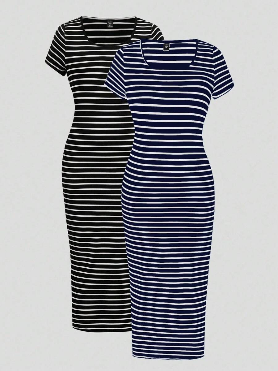 Sweetra 2pcs/Set Plus Size Black White Gray Striped Casual Fashionable Versatile Long Dress For Summer - Multicolor - View 1