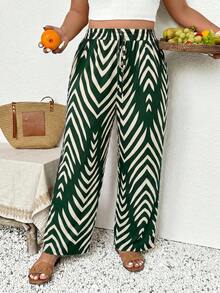 SHEIN Frenchy Plus Size Casual Herringbone Pattern Pants - Green - View 1