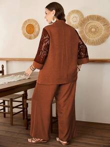 Lacomfia Plus Size Women Summer Brown Textured Fuzzy Sleeve Patchwork Lace 3/4 Sleeve Loose Top & Wide Leg Pants Set,Autumn Tropical Al-Adha Tea Party S - Orange - View 2