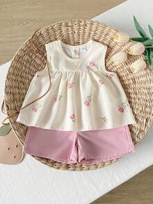 SHEIN Playful Pals 女婴白色纯色提花无袖褶皱露脐上衣，饰以彩色波点印花，搭配粉色松紧腰短裤，舒适优雅的法式乡村风春夏度假装扮 - 淺粉色 - 查看 1