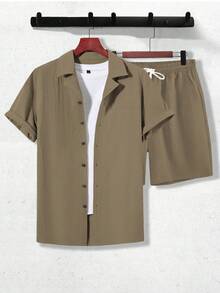Manfinity RSRT 2pcs/Set Men Summer Solid Color Button-Up Shirt And Shorts Summer Two Pieces Set, Vacation Outfits, Cozy Outfits, Holiday Holiday - Brown - View 4