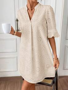 Editum Women's Notched Neck Cutout 3/4 Sleeve Ruffled Hem Eyelet Embroidery Loose Casual Dress, Pure White, Elegant For Daily, Vacation, Commute, Spring/Summer - Khaki - View 3