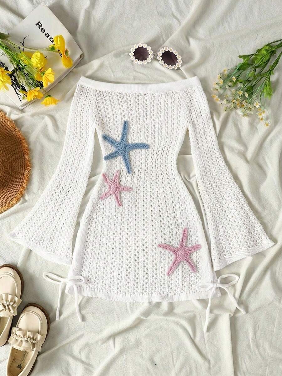 SHEIN 青少年女孩白色海星裝飾露肩喇叭袖罩衫洋裝,適合度假、約會、下午茶、海灘、郵輪、公路旅行、城市度假、婚禮季、音樂節 - 白色 - 查看 1