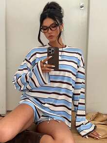 Aloruh 女款條紋拼接長袖上衣與短褲休閒兩件套 - 藍白色 - 查看 10