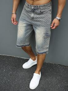 Manfinity Roughcore Men's Summer Casual Washed Frayed Hem Denim Shorts, Holiday - Light Wash - View 4