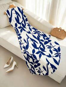 GlowEve CURVE Plus Size Women Leaf Print Casual Party Dress - Blue - View 2