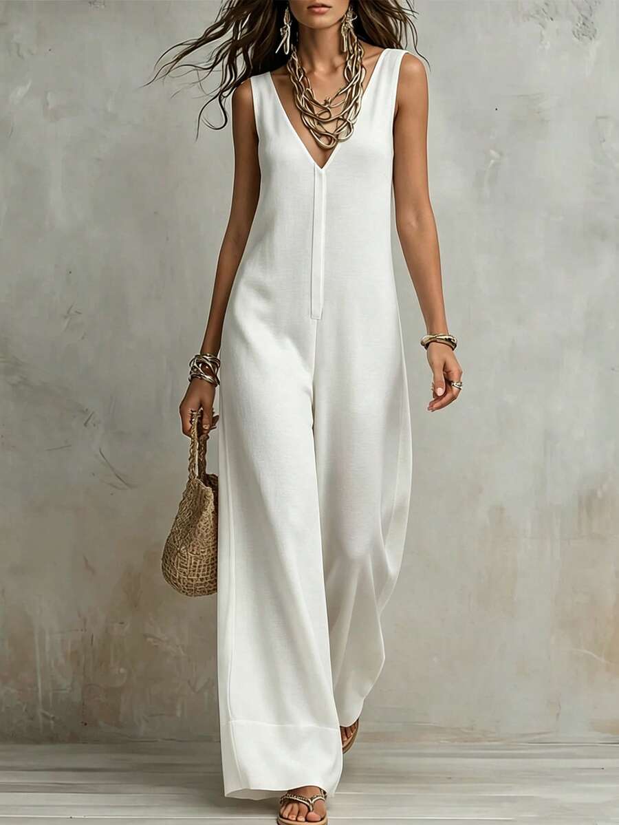 EMERY ROSE White Cotton-Linen Sleeveless V-Neck Loose Wide-Leg Jumpsuit, Casual Resort, Summer Workwear, Pastoral Style - White - View 1
