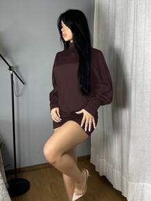 Vassilux 咖啡棕色针织弹力面料女式紧身斜肩露背迷你连衣裙 - 咖啡 - 查看 5
