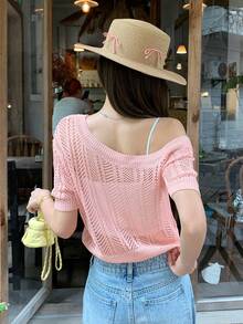 DAZY Women's Solid Color Hollow V-Neck Short Sleeve Elegant Cute Sweet Vacation Cardigan, Spring/Autumn Brunch Pink - Pink - View 2