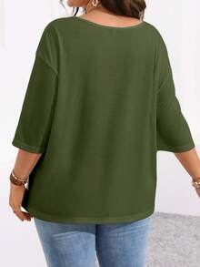 Plus Size Women Solid Color Round Neck Drop Shoulder Casual Loose T-Shirt Fall - Army Green - View 2