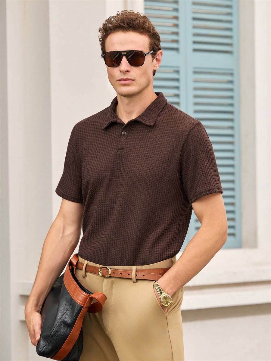 Men's Solid Color Semi-Transparent Golf Shirt, Waffle Thin Casual Short Sleeve Elastic Polo Shirt, Suitable For Leisure Outdoor, Spring/Summer - Chocolate Brown - View 1